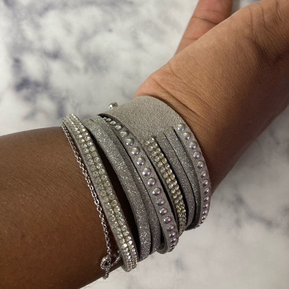Grey Rhinestone & Rivet Faux Suede Wrap Bracelet - Picture 8 of 8